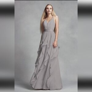 Vera Wang chiffon biscotti cascading ruffles, v neck halter bodice, size 2